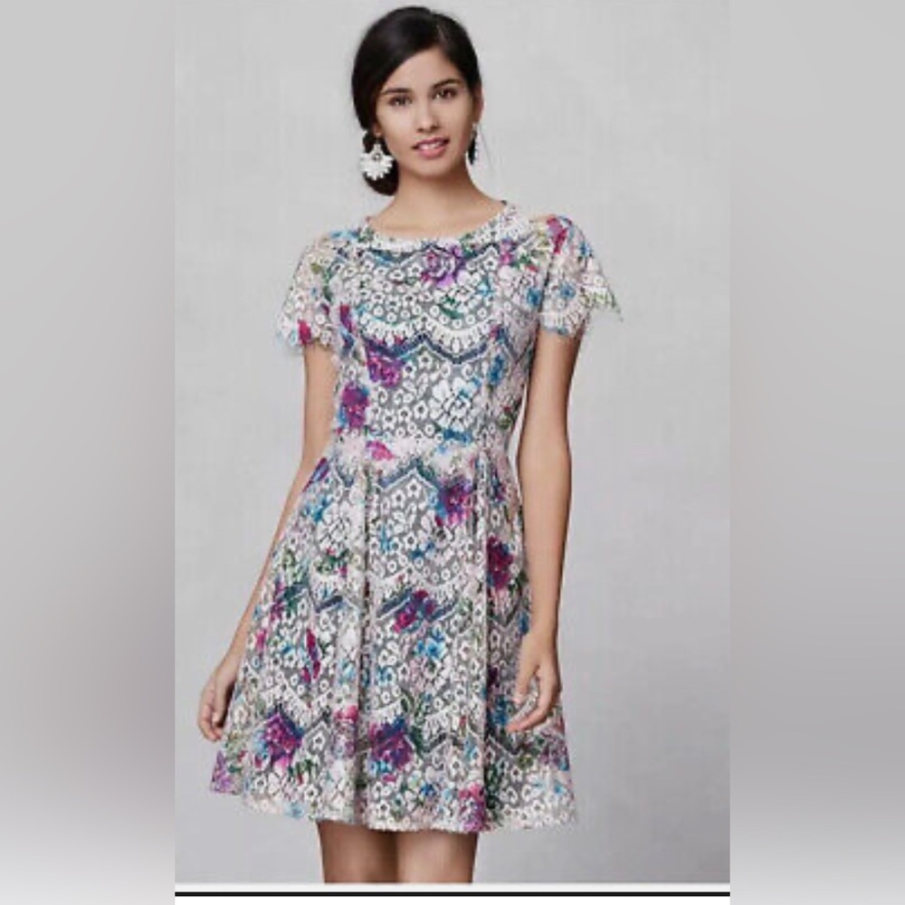 Anthropologie Hunter Dixon Lace Floral Lacepaint Short Dress Size 2 Fit & Flare